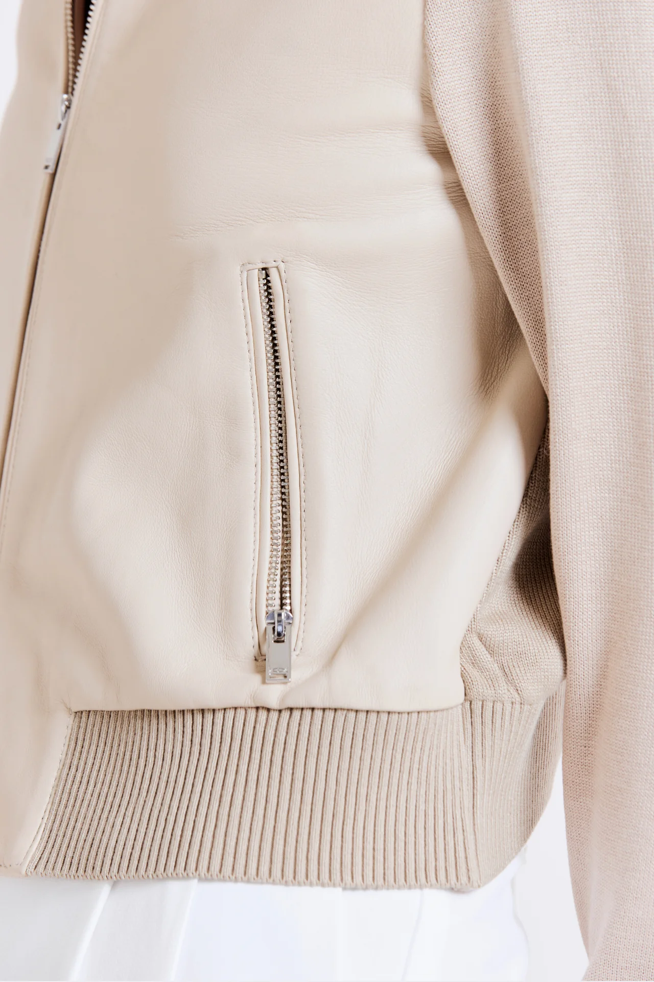 Women’s Beige Wool & Leather Bomber Jacket - Image 8