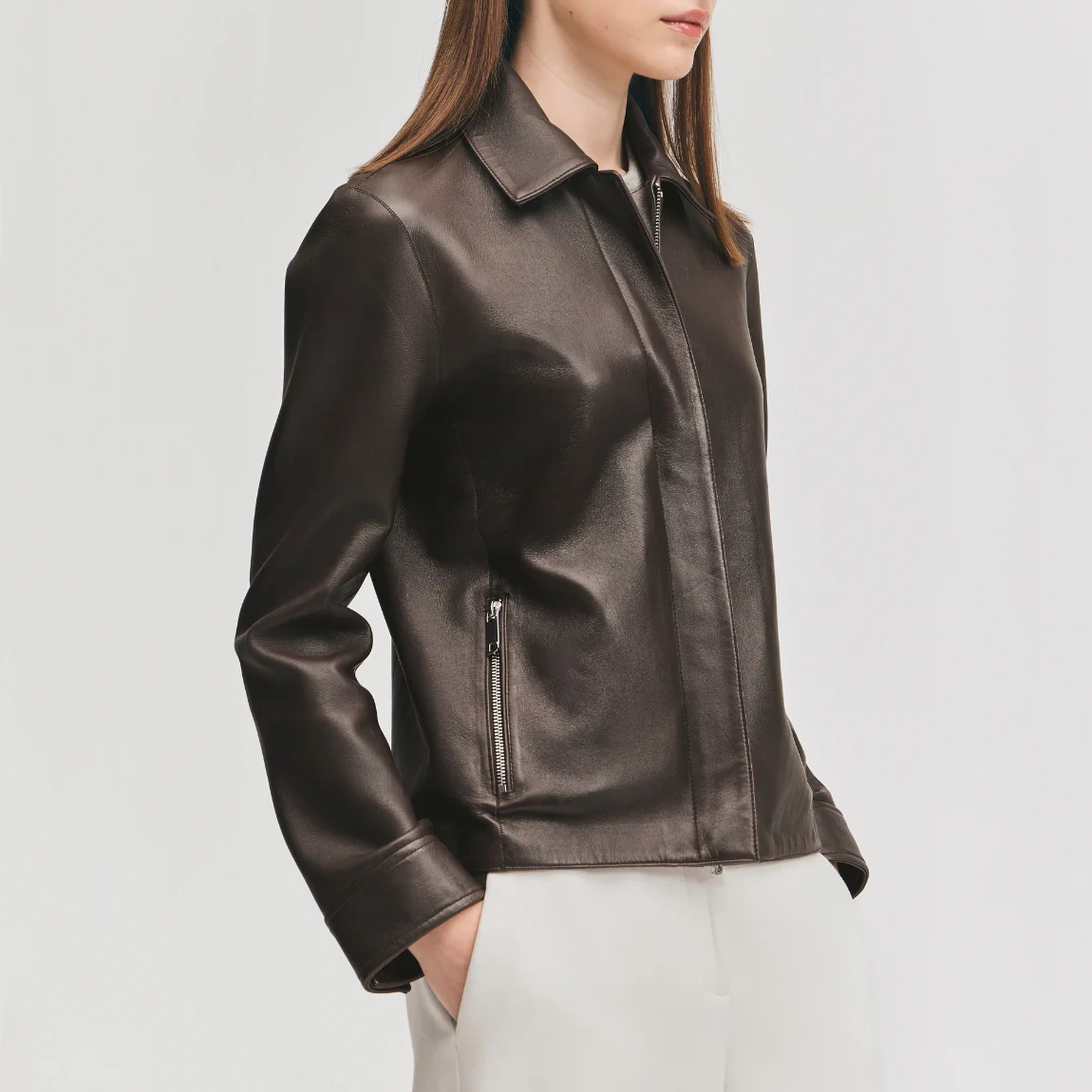 Women’s Brown Leather Jacket with Concealed Zipper - Image 4