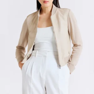 Women’s Beige Wool & Leather Bomber Jacket