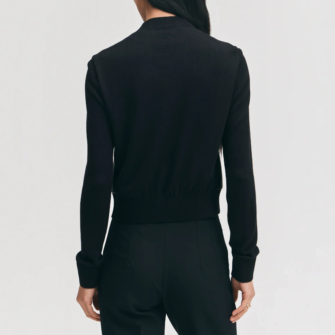 Women’s Black Wool & Leather Bomber Jacket - Image 2