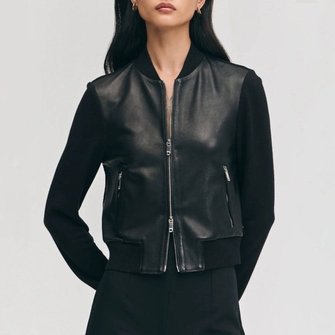 Women’s Black Wool & Leather Bomber Jacket