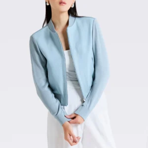 Women’s Light Blue Wool & Leather Bomber Jacket