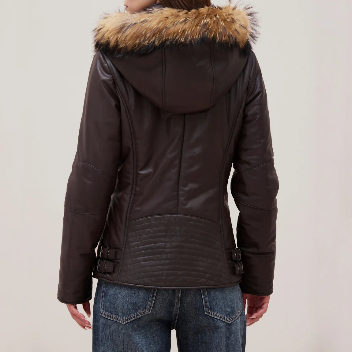 Women’s Brown Leather Puffer Jacket with Fur-Trimmed - Image 2