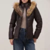 womens brown leather puffer fur jacket