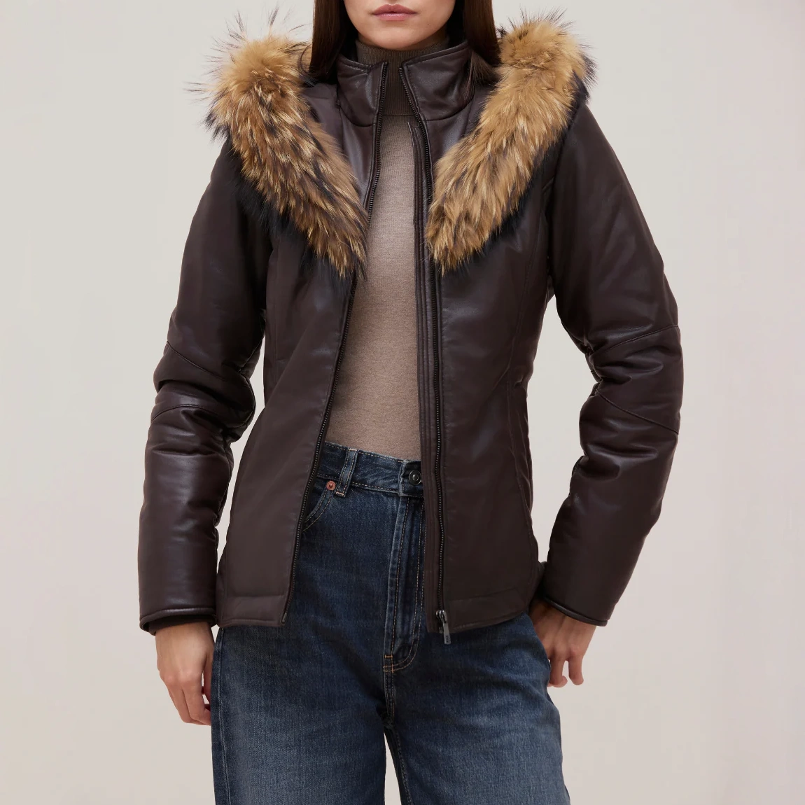 Women’s Brown Leather Puffer Jacket with Fur-Trimmed - Image 4
