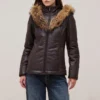 womens brown leather puffer jacket 1