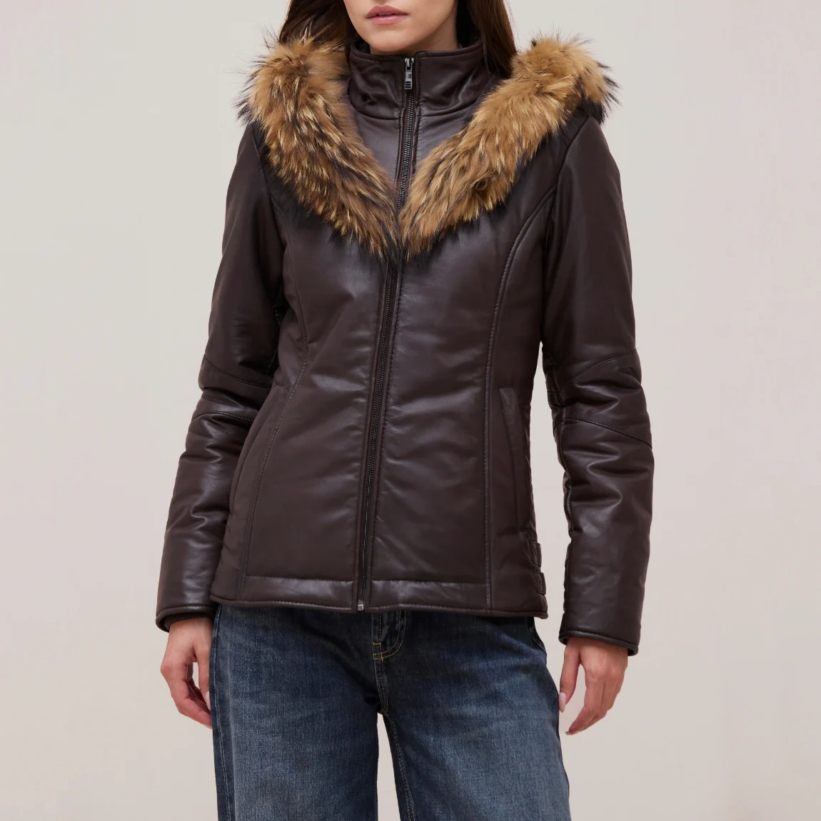 Women’s Brown Leather Puffer Jacket with Fur-Trimmed - Image 3