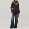 womens brown leather puffer jacket fur trimmed