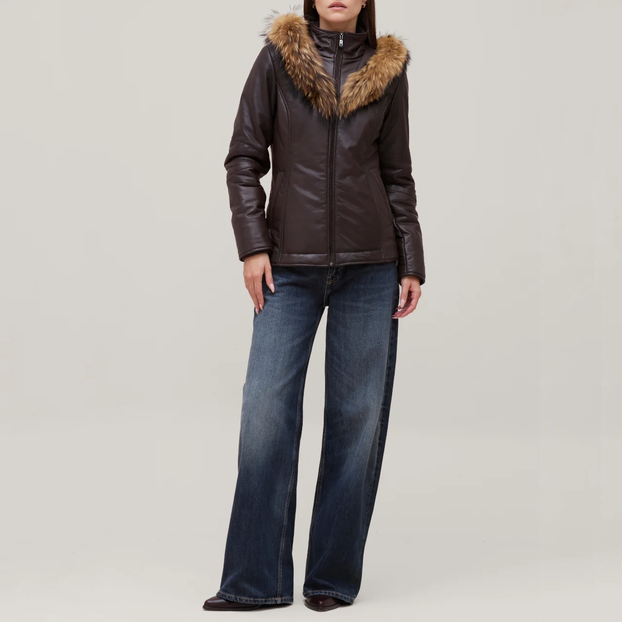 Women’s Brown Leather Puffer Jacket with Fur-Trimmed - Image 5