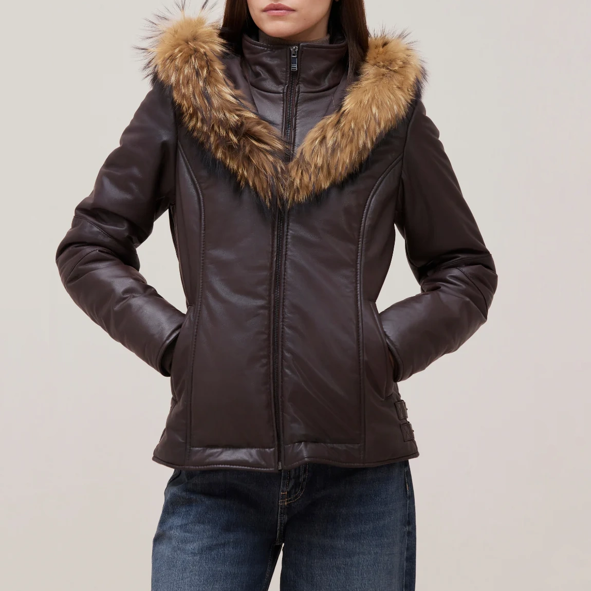 Women’s Brown Leather Puffer Jacket with Fur-Trimmed