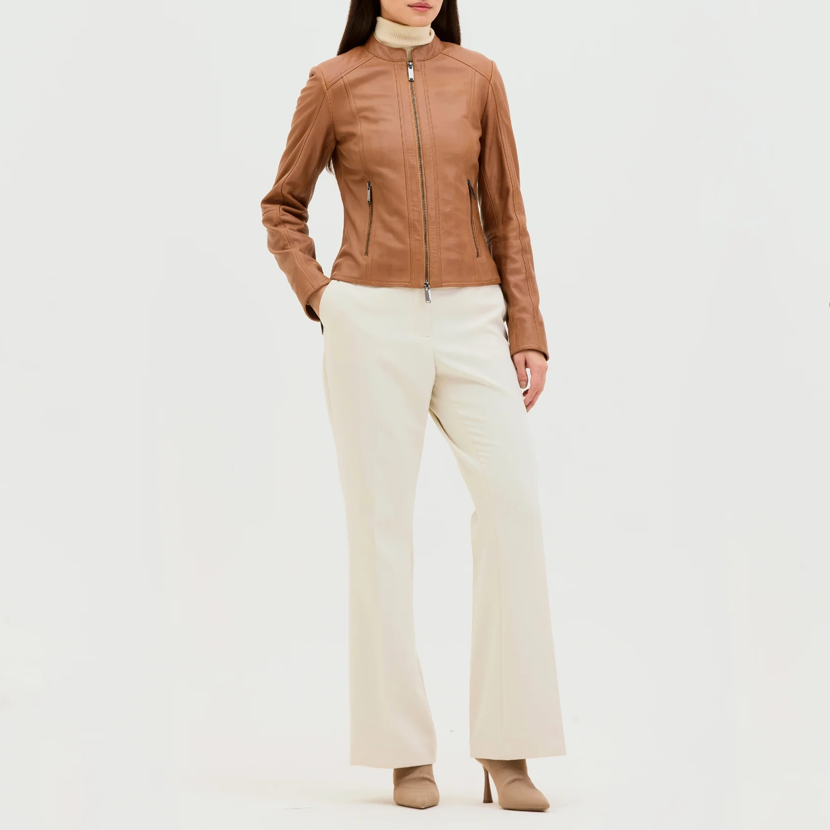 Women’s Cafe Racer Brown Leather Jacket - Image 3