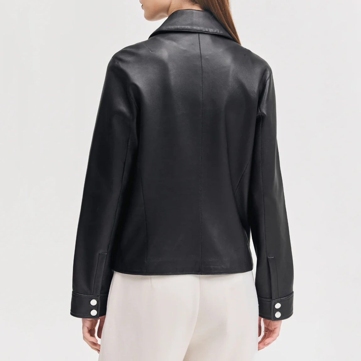 Women’s Black Leather Jacket with Concealed Zipper - Image 2
