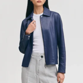 Women’s Navy Leather Jacket with Concealed Zipper