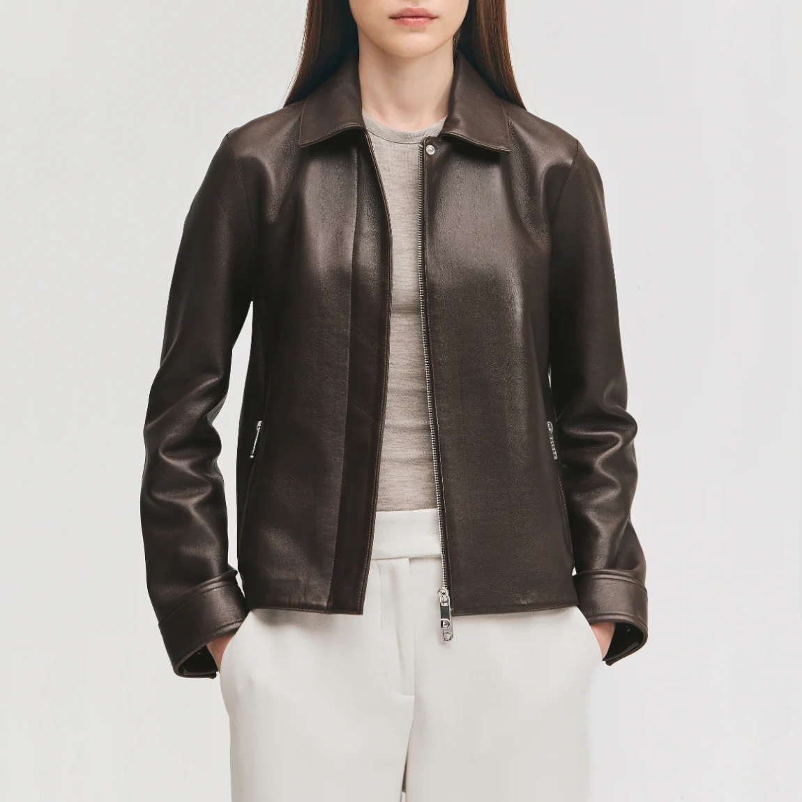 Women’s Brown Leather Jacket with Concealed Zipper