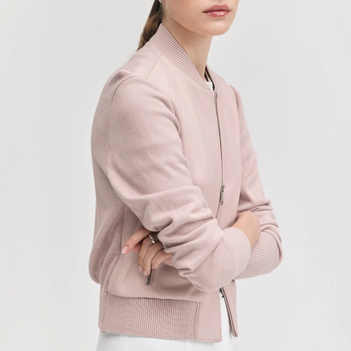 Women’s Baby Pink Wool & Leather Bomber Jacket - Image 4