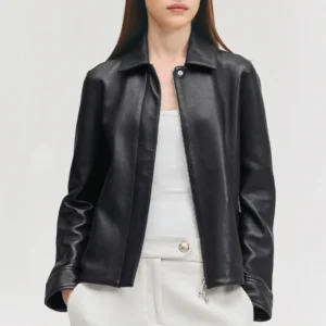 Women’s Black Leather Jacket with Concealed Zipper