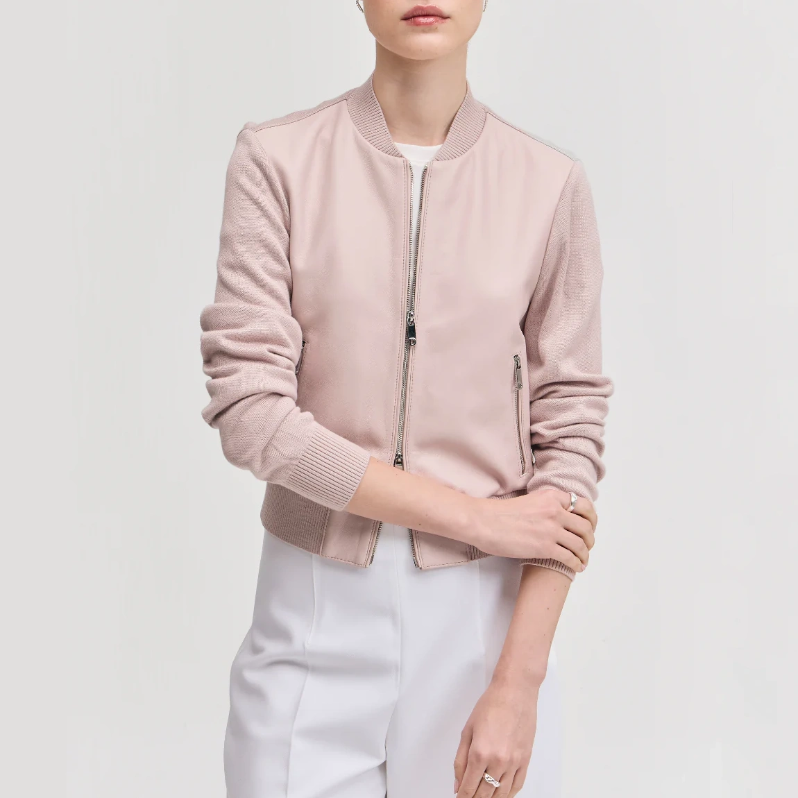 Women’s Baby Pink Wool & Leather Bomber Jacket - Image 3