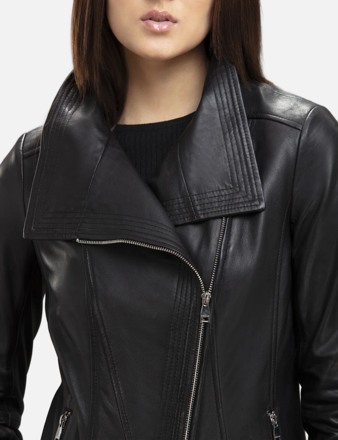 Women’s Black Leather Biker Jacket with Wide Collar - Image 8