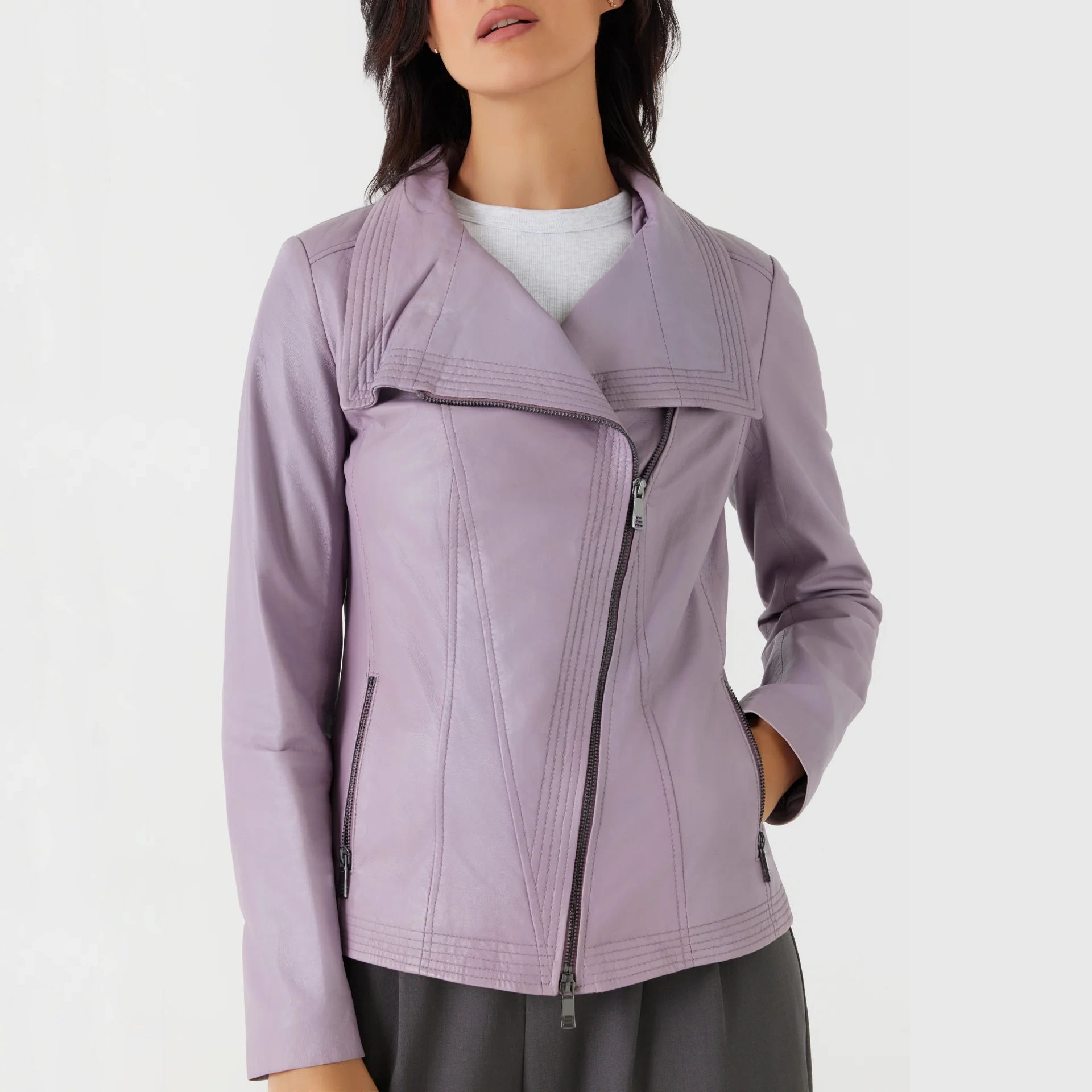Women’s Lilac Leather Biker Jacket with Wide Collar