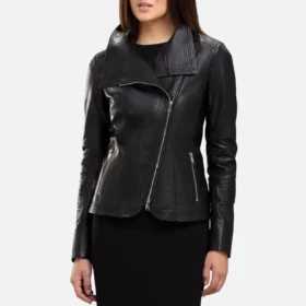 Women’s Black Leather Biker Jacket with Wide Collar