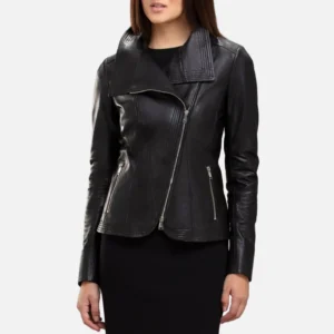 Women’s Black Leather Biker Jacket with Wide Collar
