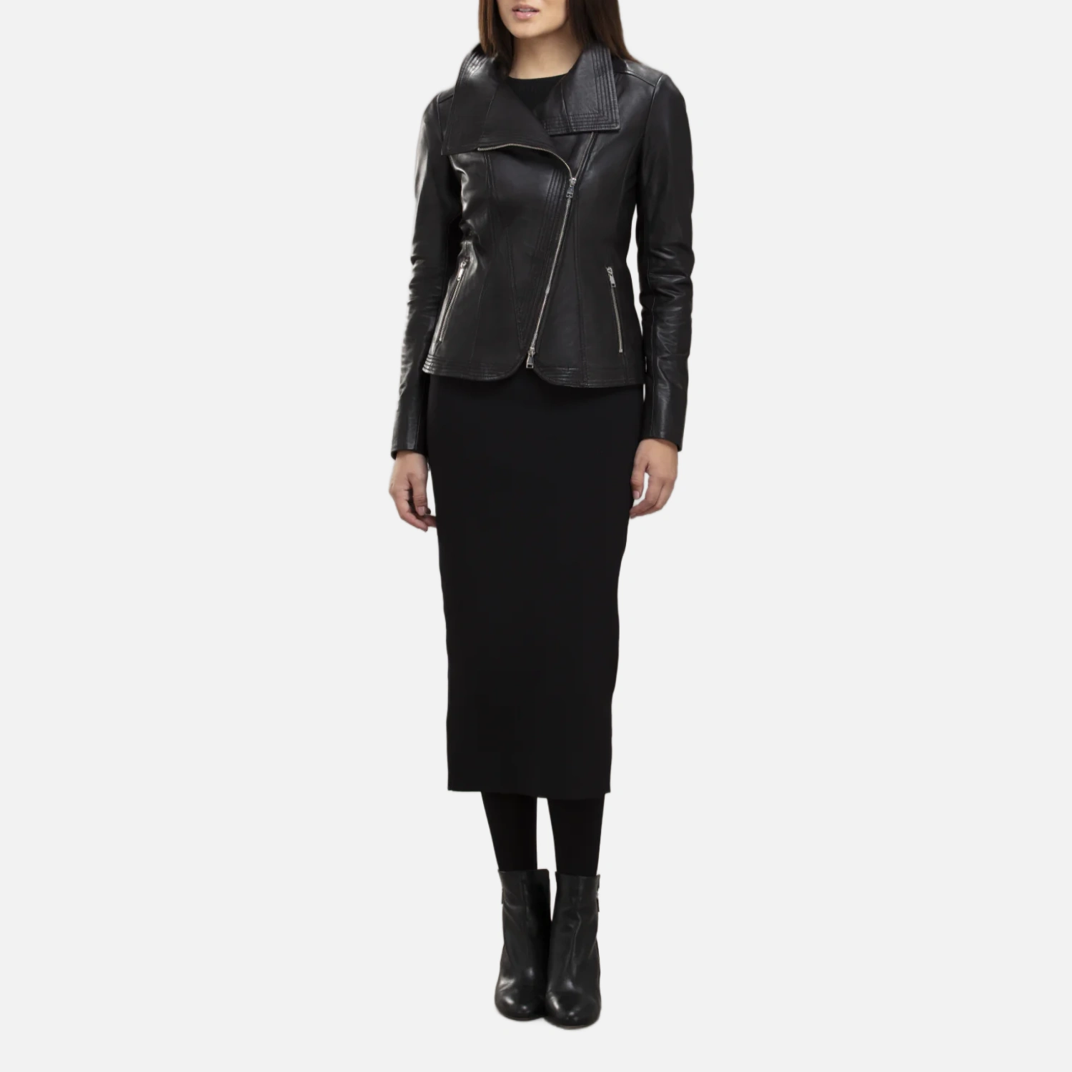 Women’s Black Leather Biker Jacket with Wide Collar - Image 6