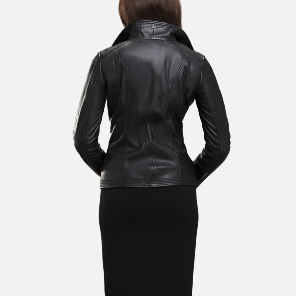 Women’s Black Leather Biker Jacket with Wide Collar - Image 2
