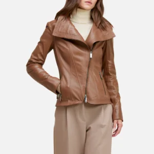 Women’s Brown Leather Biker Jacket with Wide Collar