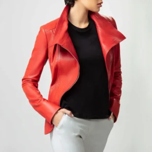 Women’s Red Leather Biker Jacket with Wide Collar