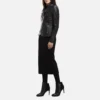 womens wide collar black biker jacket full view