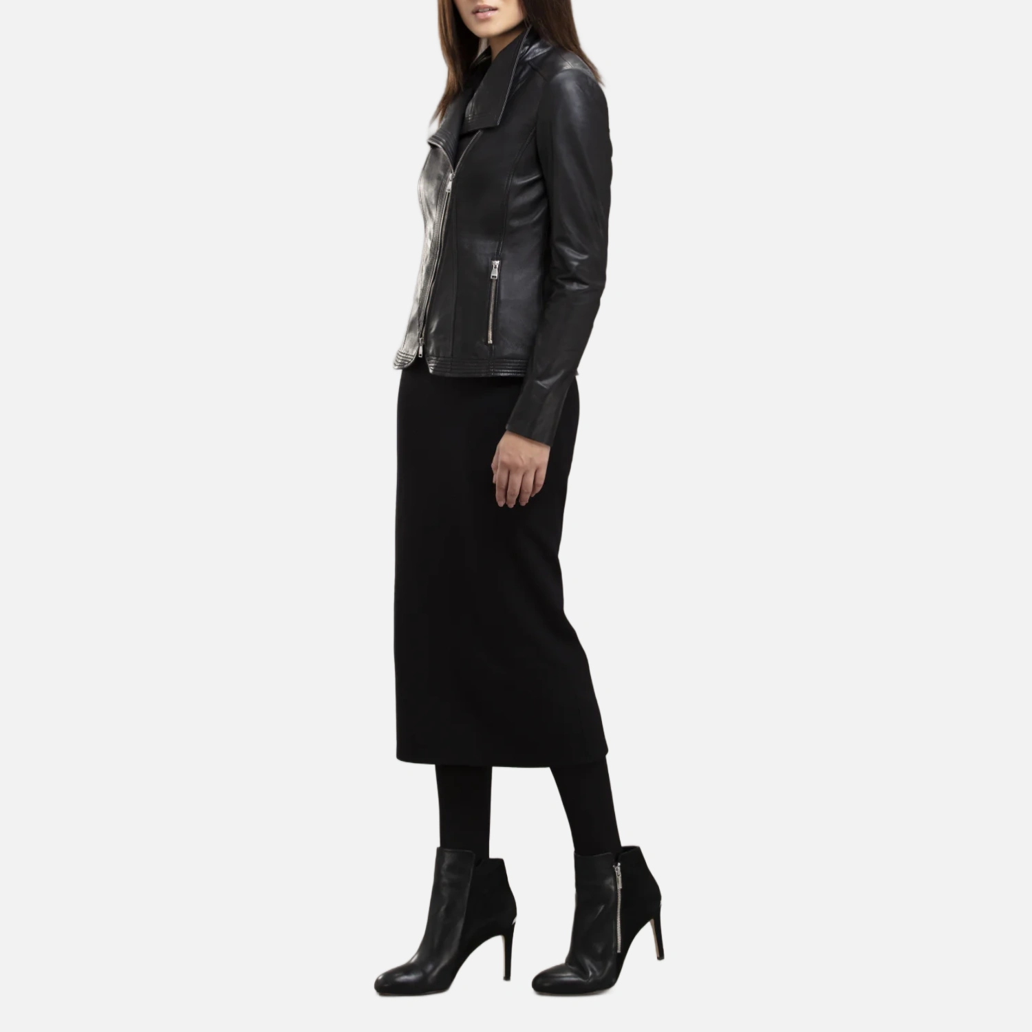 Women’s Black Leather Biker Jacket with Wide Collar - Image 7