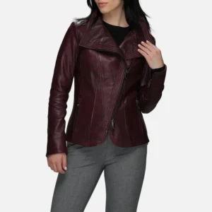 Women’s Burgundy Leather Biker Jacket with Wide Collar