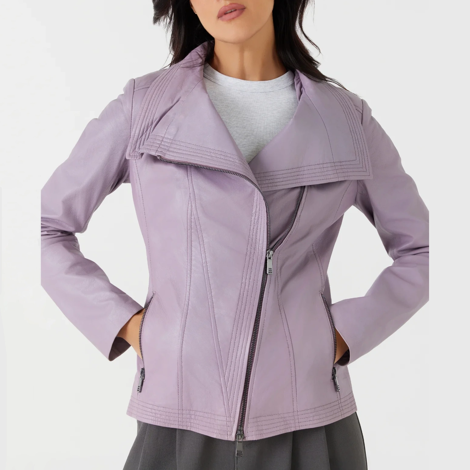 Women’s Lilac Leather Biker Jacket with Wide Collar - Image 3