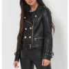 black belted leather jacket with gold button detail