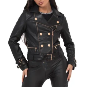 Women’s Black Leather Jacket with Gold Buttons