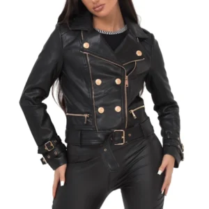 Women’s Black Leather Jacket with Gold Buttons