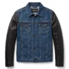denim jean jacket with leather sleeves