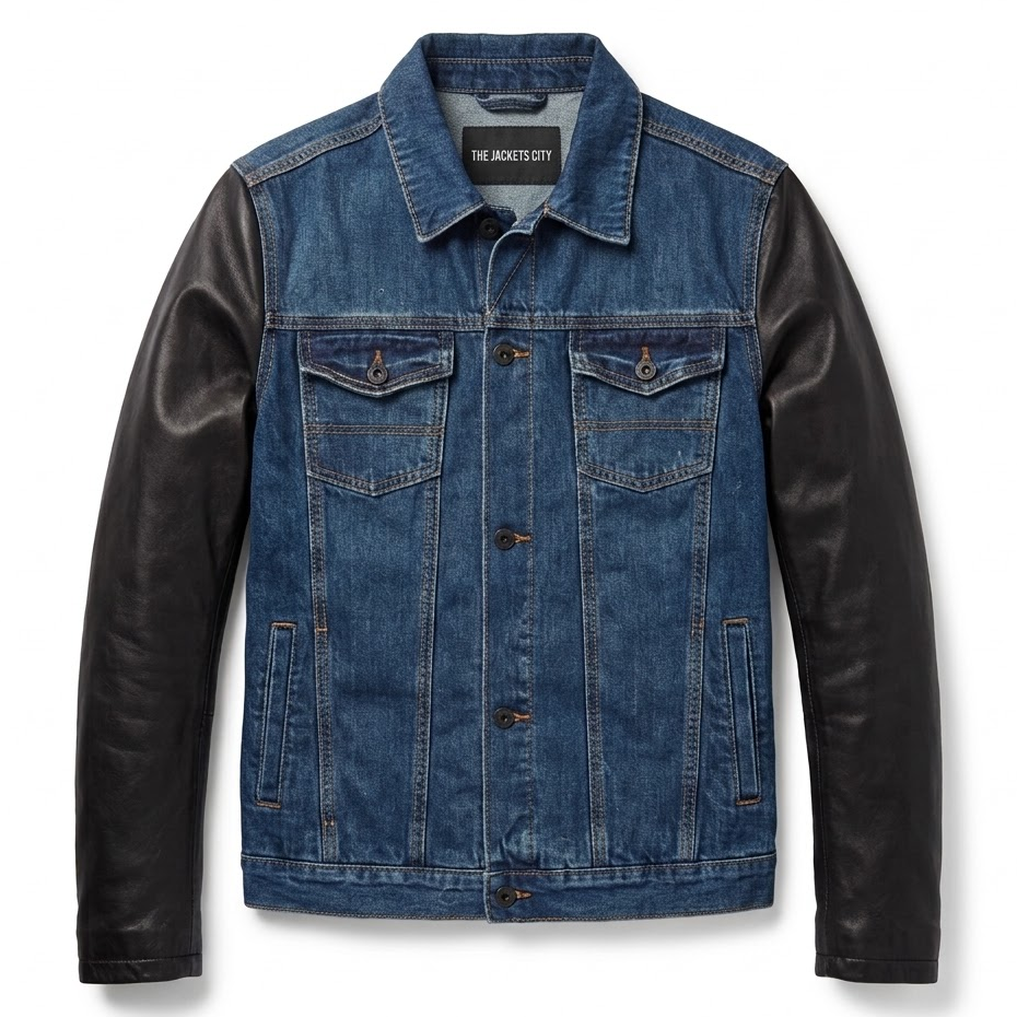 Men’s Denim Jacket with Leather Sleeves - Image 2
