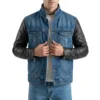 men leather sleeve denim jacket
