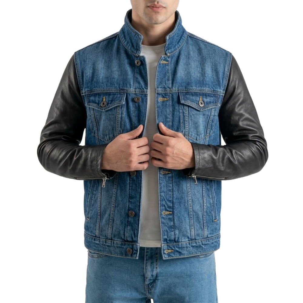 Men’s Denim Jacket with Leather Sleeves