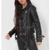 womens black belted jacket with gold button detail