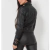 womens black belted leather jacket with gold button detail
