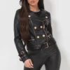 womens black leather jacket with gold buttons