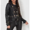 womens leather jacket with gold button detail